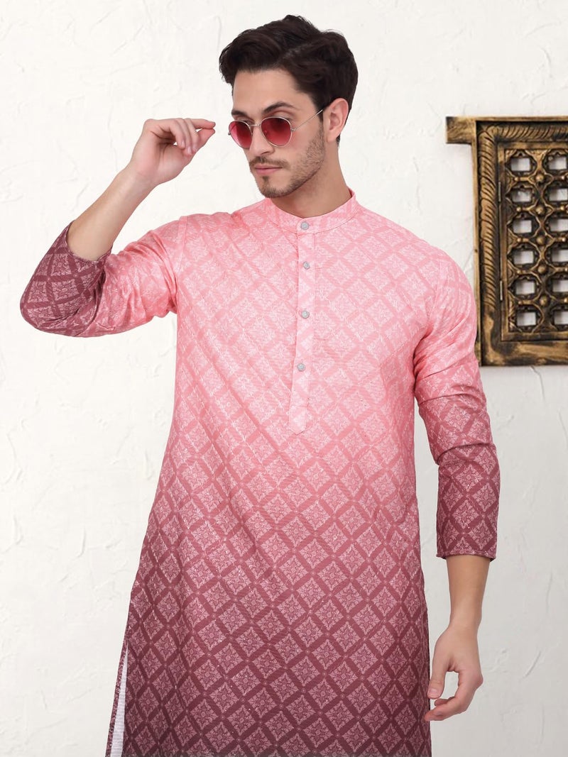 Jompers Men's Coral Ombre Printed Kurta Pyjama Set (Coral, M) - Image 5