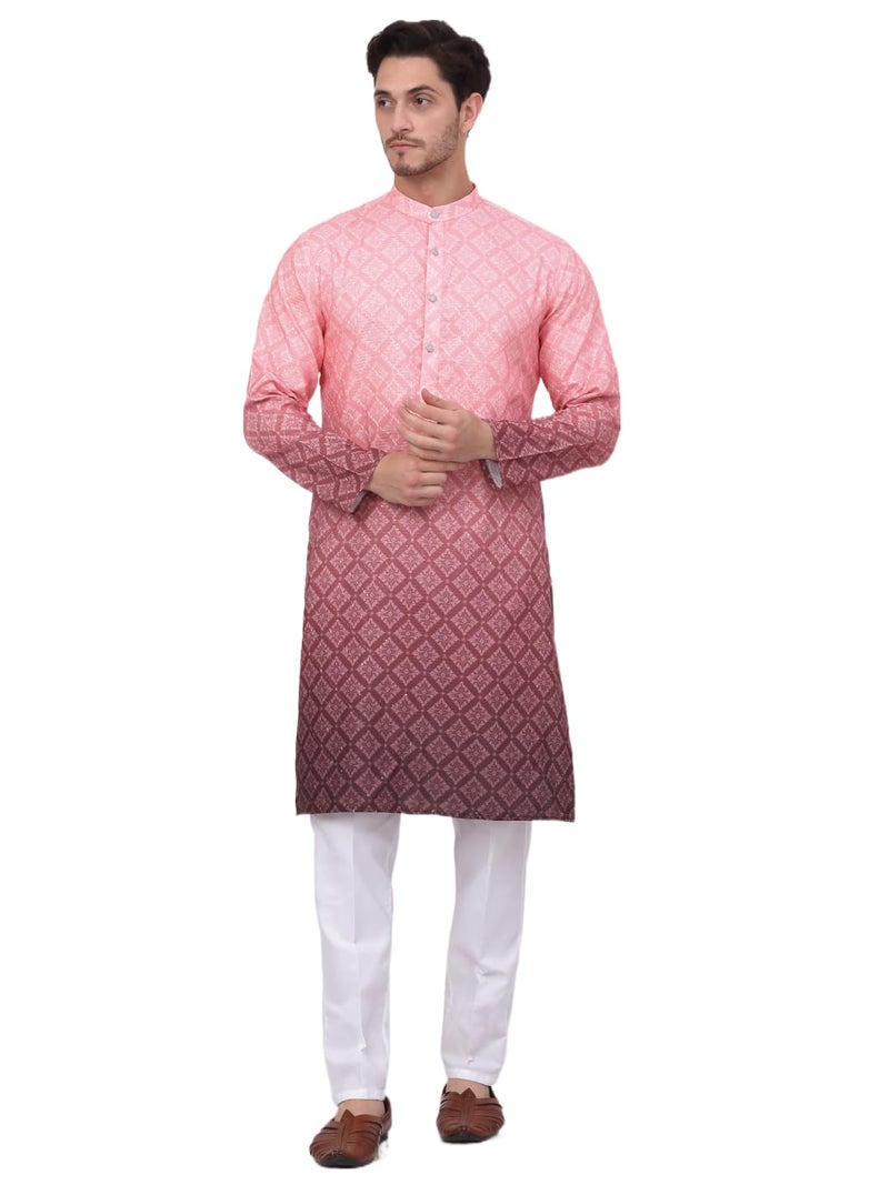 Jompers Men's Coral Ombre Printed Kurta Pyjama Set (Coral, M) - Image 1
