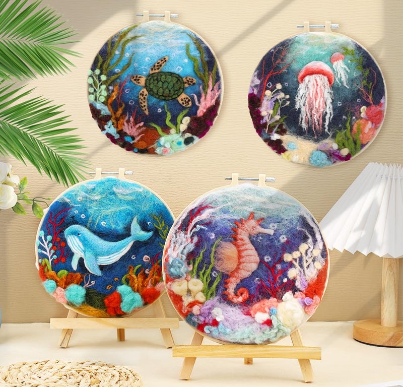 Fedmut Needle Felting Kit, Wool Felting Kit for Beginners Adult with Wool, Needles, Foam Pad, Felt Cloth and Instructions â€“ 4 Set Sea Animals Painting Frame for Great Gift Decoration - Image 4