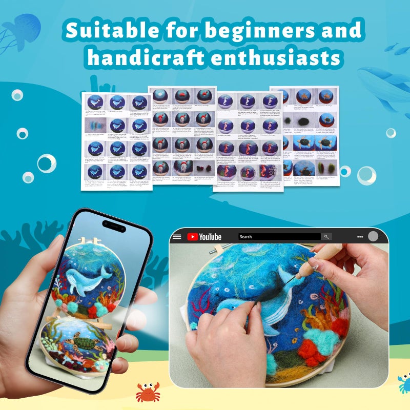 Fedmut Needle Felting Kit, Wool Felting Kit for Beginners Adult with Wool, Needles, Foam Pad, Felt Cloth and Instructions â€“ 4 Set Sea Animals Painting Frame for Great Gift Decoration - Image 5