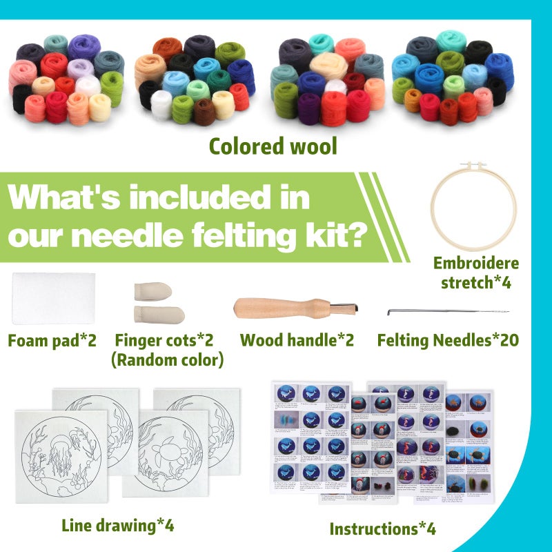 Fedmut Needle Felting Kit, Wool Felting Kit for Beginners Adult with Wool, Needles, Foam Pad, Felt Cloth and Instructions â€“ 4 Set Sea Animals Painting Frame for Great Gift Decoration - Image 2