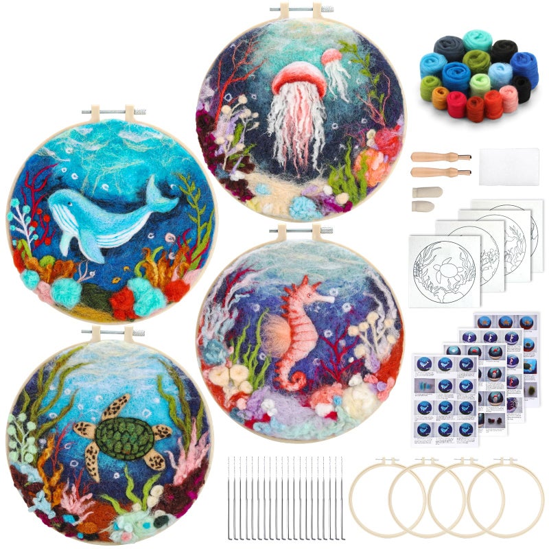 Fedmut Needle Felting Kit, Wool Felting Kit for Beginners Adult with Wool, Needles, Foam Pad, Felt Cloth and Instructions â€“ 4 Set Sea Animals Painting Frame for Great Gift Decoration - Image 1