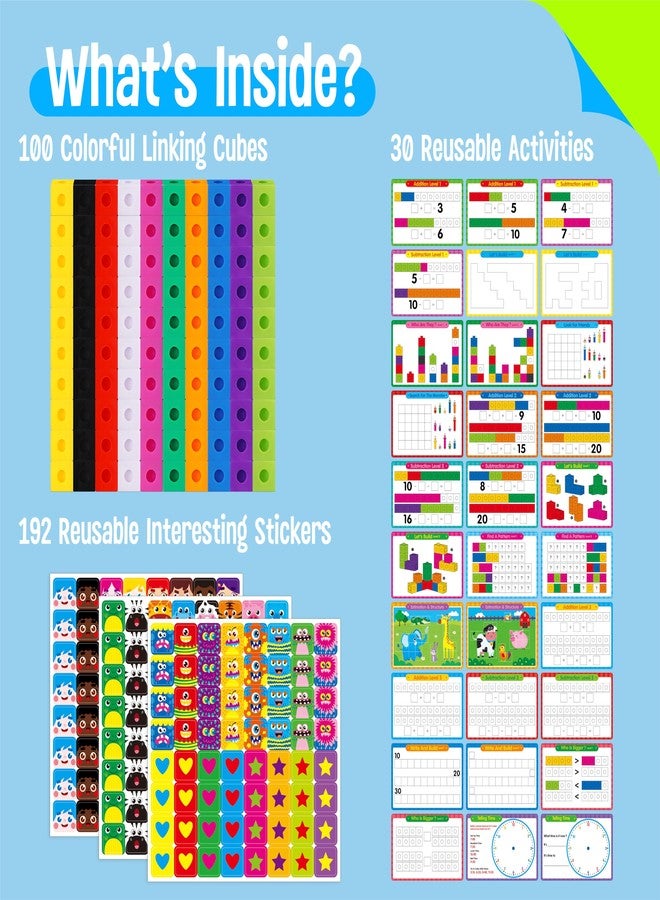 SpriteGru Math Linking Cubes, 100 Math Cube Manipulatives with 30 Learning Activities Plus 192 Reusable Stickers, Number Counting Blocks Snap Linking Math Counters, Fun & Educational Pre-K Counting Blocks - Image 2