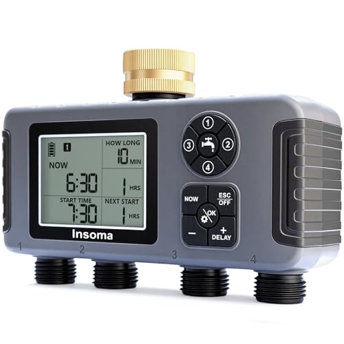 Insoma 4Zone Water Timer with Brass Inlet Automatic Garden Hose Timer with ManualRain Delay Large Display IPX5 Waterproof Faucet Timers for Sprinkler System Yard Lawn Greenhouse - Image 1