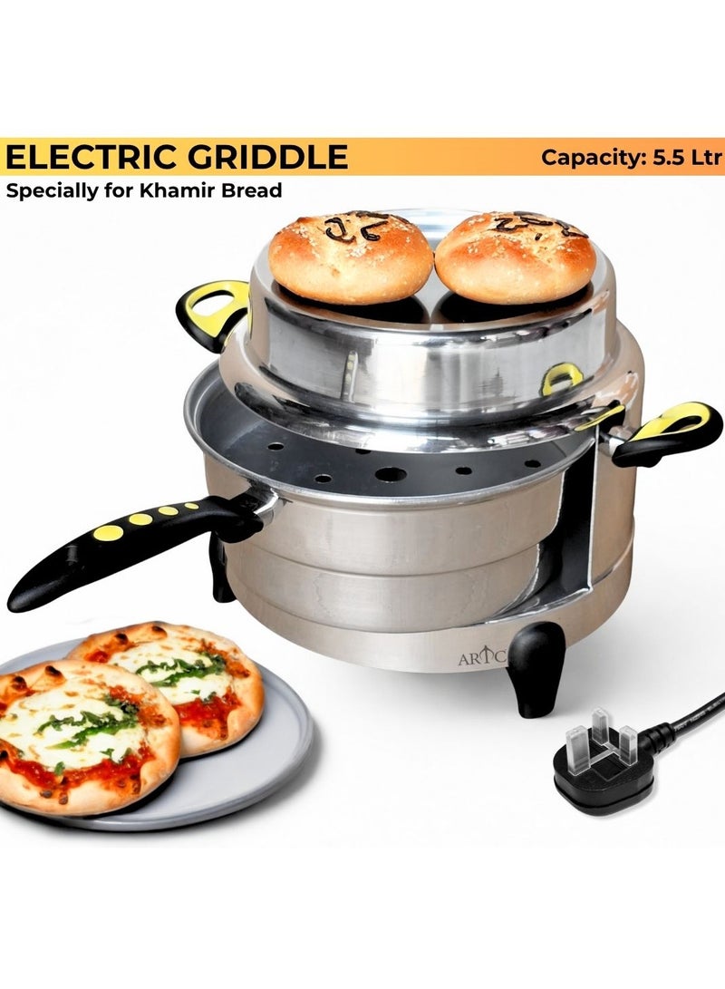 اي ار تي سي فرن كهربائي متعدد الاستخدامات من ARTC بقوة ١٠٠٠ واط، صانع خبز وبيتزا بثلاث أرجل لخبز الخمير العربي والخبز اللبناني والفطائر وخبز البيتا والبيتزا الصغيرة | مساحة خبز علوية ٢٢ سم، سعة ٥.٥ لتر، مصنوع من ألومنيوم عالي التحمل ٩٩٪ نقي، مزود بعنصر تسخين إيطالي، كابل آمن ثلاثي الأطراف، ضمان لمدة عام | مناسب للمنازل والمطاعم والمقاهي والمخابز والمطابخ وغيرها - Image 1
