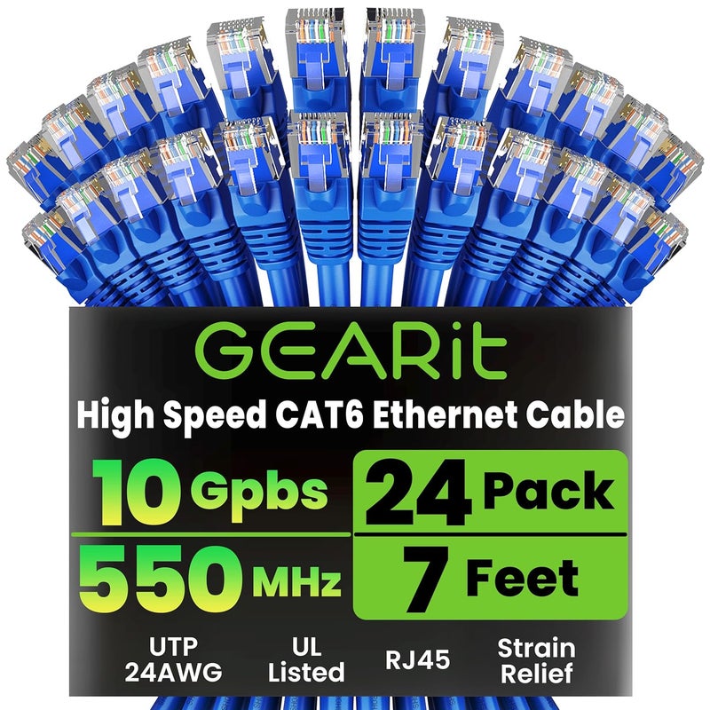 GearIT Cat 6 Ethernet Cable Pack - 24-Pack 7 ft Cat6 Ethernet Patch Cables | RJ45 Network Patch Cable, 10 Gbps Snagless Gold-Plated Connectors - Ethernet Cable Cat 6 for PC, TV, Router - Blue - Image 1