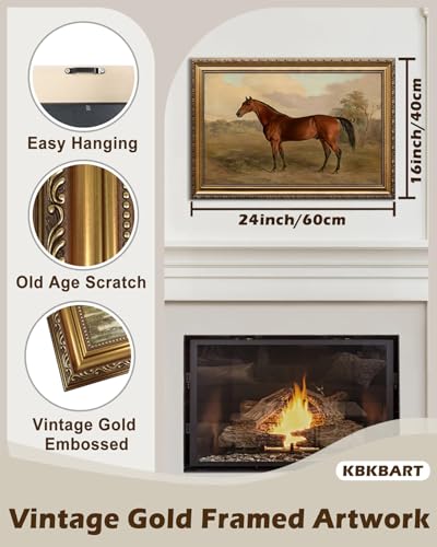 KBKBART Gold Framed Vintage Wall Art Vintage Horse Painting Farmhouse Decor Rustic Antique Equestrian Art Prints Wall Decor Western Animal Picture Wall Hanging Decor for Living Room Bathroom Office Bedroom16x24 - Image 3