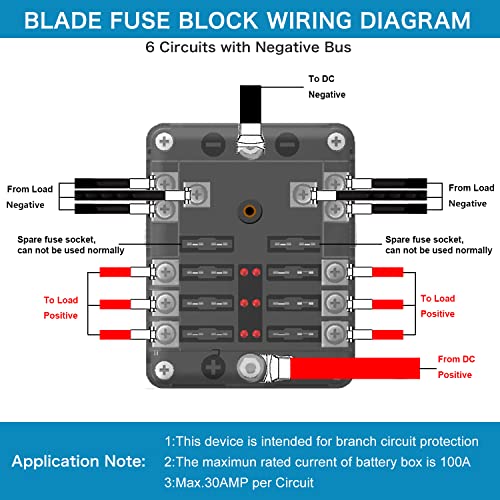 tatida 12 Volt Fuse Block, Waterproof 6 Way Fuse Box with 6 Ground Negative Busbar for Automotive[100 Amp Max] [ATC/ATO Fuses] [LED Indicator] [2 Spare Fuse Slots] for Car Boat Marine RV DC 12-24V - Image 5