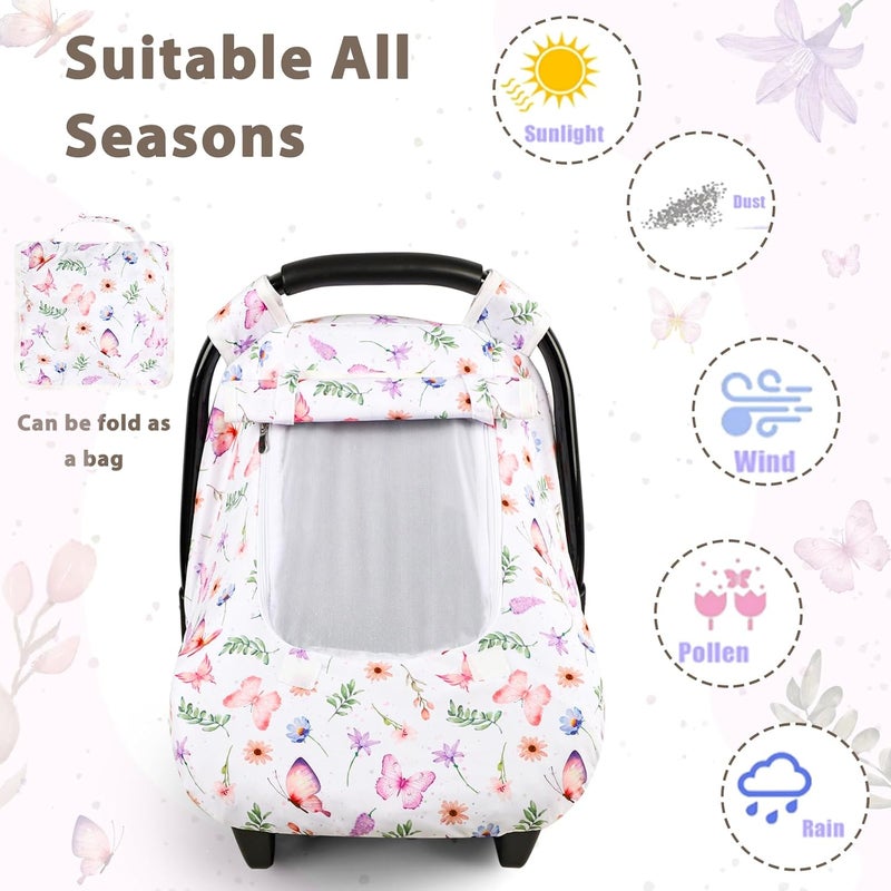Pea Pod Car Seat Cover Baby Infant Car Seat Canopy Covers with 2 Layers Windows of Breathable Mesh Fabric Lightweight Polyester Soft Minky Dot Backing Butterfly Pattern - Image 5