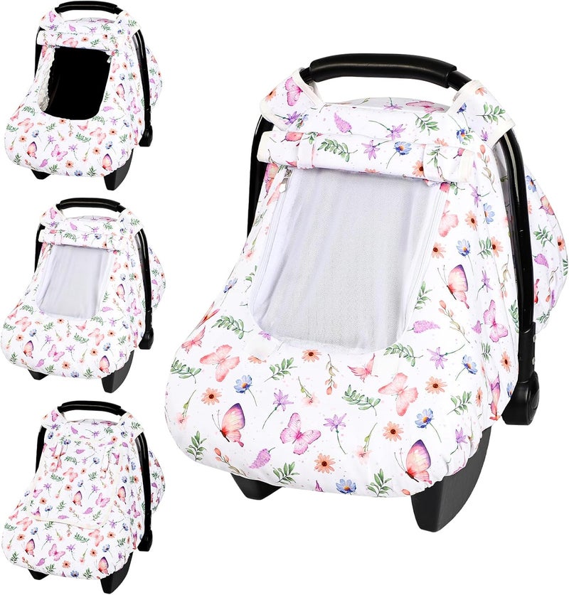 Pea Pod Car Seat Cover Baby Infant Car Seat Canopy Covers with 2 Layers Windows of Breathable Mesh Fabric Lightweight Polyester Soft Minky Dot Backing Butterfly Pattern - Image 1