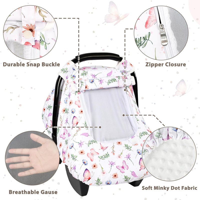 Pea Pod Car Seat Cover Baby Infant Car Seat Canopy Covers with 2 Layers Windows of Breathable Mesh Fabric Lightweight Polyester Soft Minky Dot Backing Butterfly Pattern - Image 3