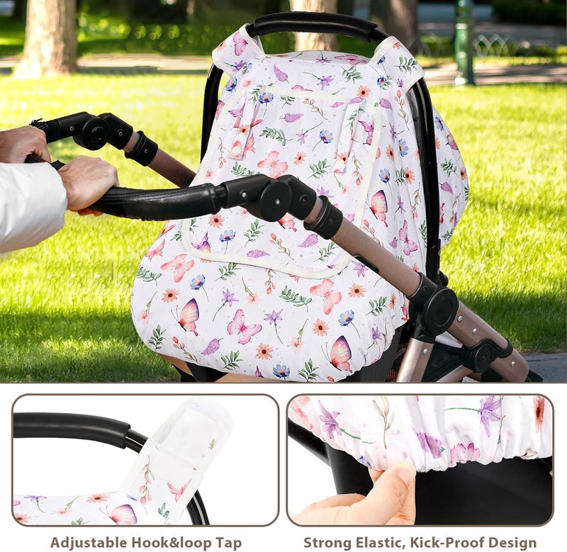 Pea Pod Car Seat Cover Baby Infant Car Seat Canopy Covers with 2 Layers Windows of Breathable Mesh Fabric Lightweight Polyester Soft Minky Dot Backing Butterfly Pattern - Image 2