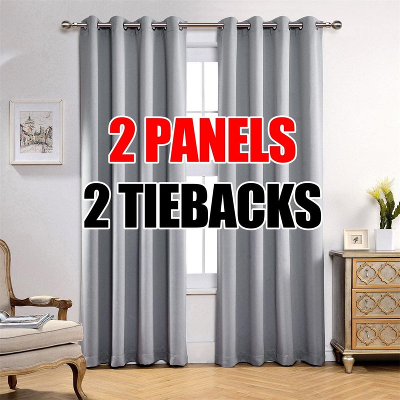 MIUCO Room Darkening Soild Grommet Blackout Curtains for Kids Bedroom Window Curtains Set of 2 52x84 Inch Silver Bonus 2 Tie Backs Included