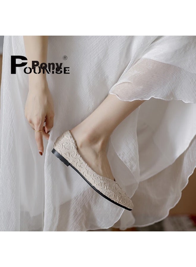 Pounise Women's Flats, Korean Style Versatile Elegant Low-cut Large Size Boat Shoes, Flat Soft Small Size Women's Shoes, Pqm-07, Apricot Color, 41/255 - Image 5