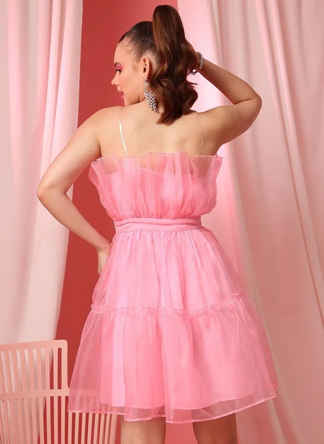 STREET 9 Pink Off Shoulder Net Fit & Flare Dress for Girls