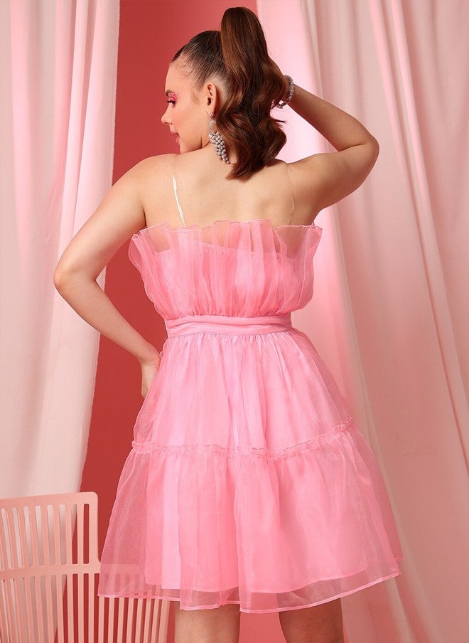 STREET 9 Pink Off Shoulder Net Fit & Flare Dress for Girls - Image 4
