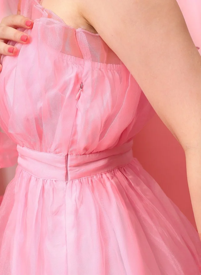 STREET 9 Pink Off Shoulder Net Fit & Flare Dress for Girls