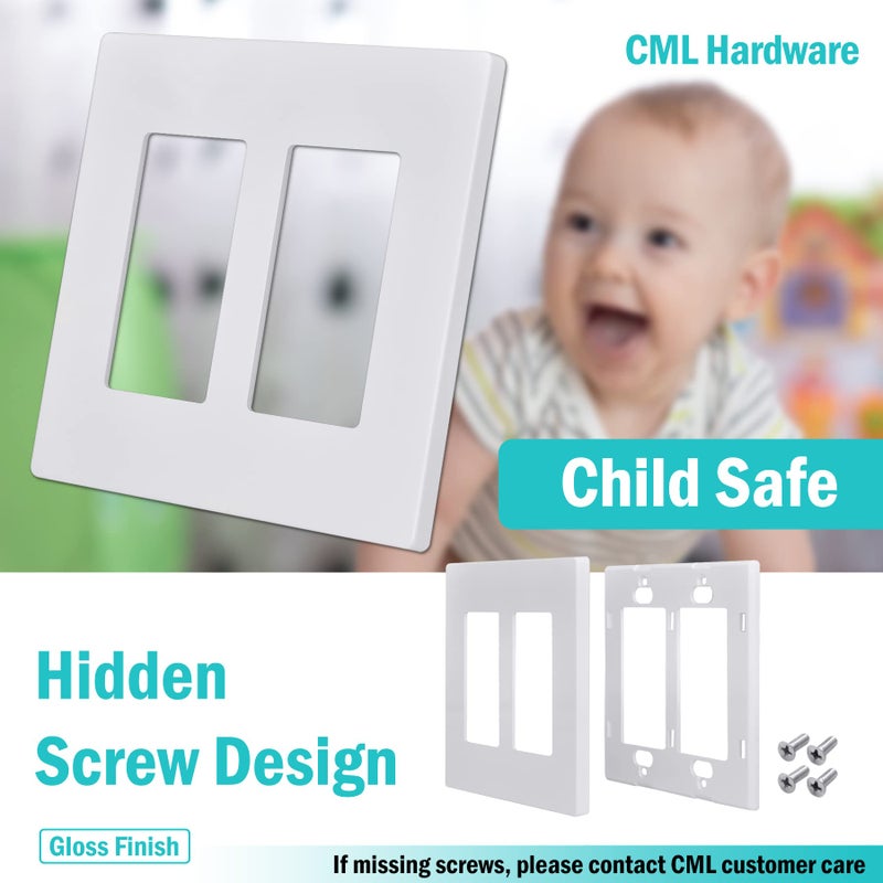 CML Hardware CML Screwless Decorator Wall Plate, 2 Gang Outlet Covers, 4 Pack Decorative Light Switch Plates, Hidden Screw Smooth Face, Standard Size 4.68â€ X 4.72â€, UL Listed, White - Image 2