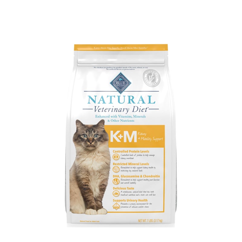 Blue Buffalo Natural Veterinary Diet K+M Kidney + Mobility Support Dry Cat Food, Chicken 7-Lb Bag - Image 1