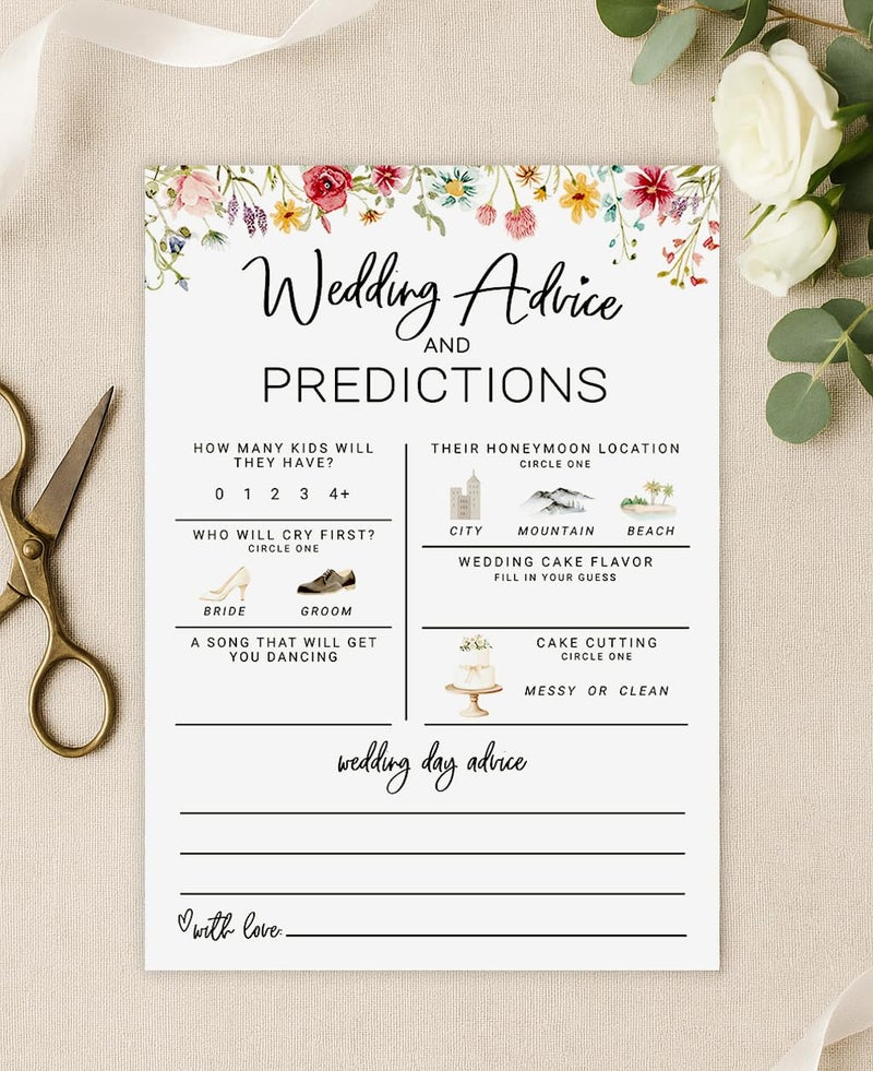Printed Party Bridal Shower Game â€“ Wedding Prediction Cards for Guests, Fun Advice and Guessing Activity, Wildflower in Bloom Theme, Set of 30 - Image 2