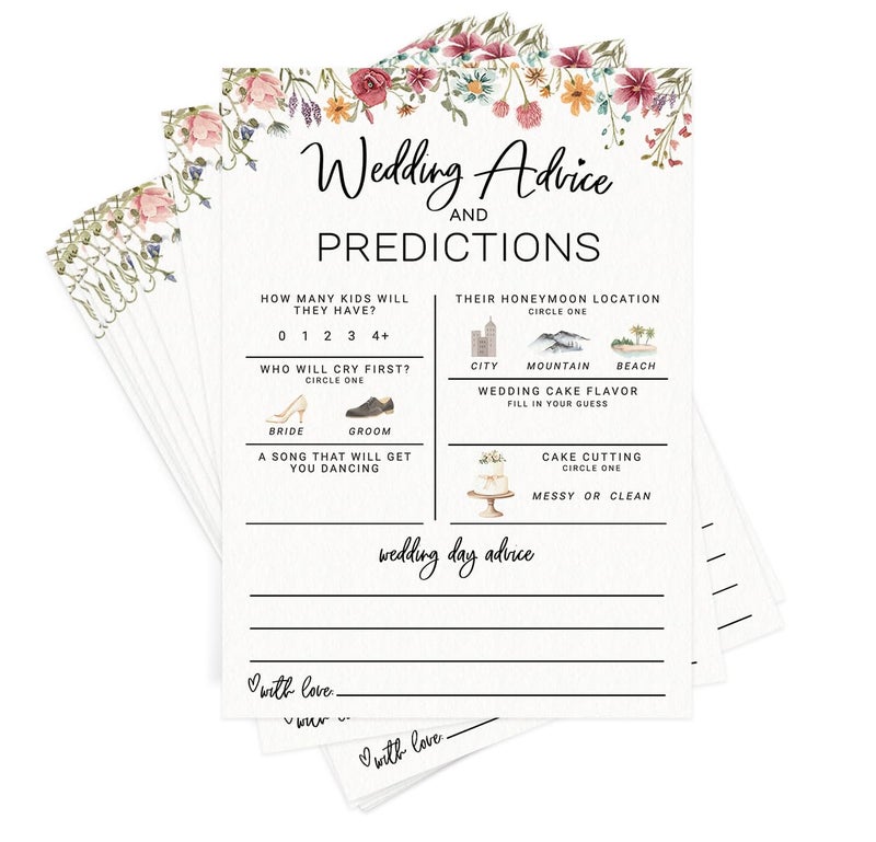 Printed Party Bridal Shower Game â€“ Wedding Prediction Cards for Guests, Fun Advice and Guessing Activity, Wildflower in Bloom Theme, Set of 30 - Image 1