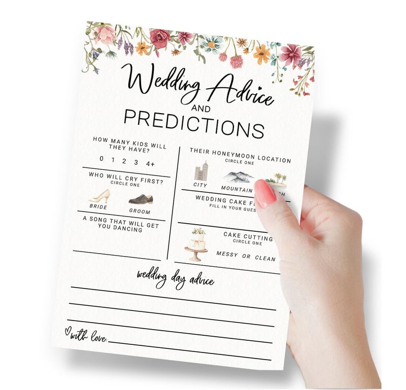 Printed Party Bridal Shower Game â€“ Wedding Prediction Cards for Guests, Fun Advice and Guessing Activity, Wildflower in Bloom Theme, Set of 30 - Image 3