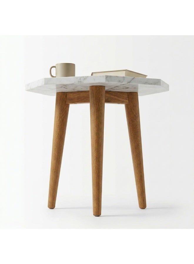 Modern Octagonal White Marble Side Table with Natural Solid Wood Legs, 39x39x43 cm - Image 4