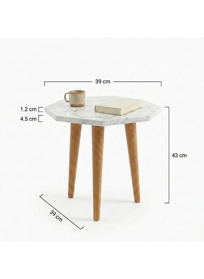 Modern Octagonal White Marble Side Table with Natural Solid Wood Legs, 39x39x43 cm - Image 2