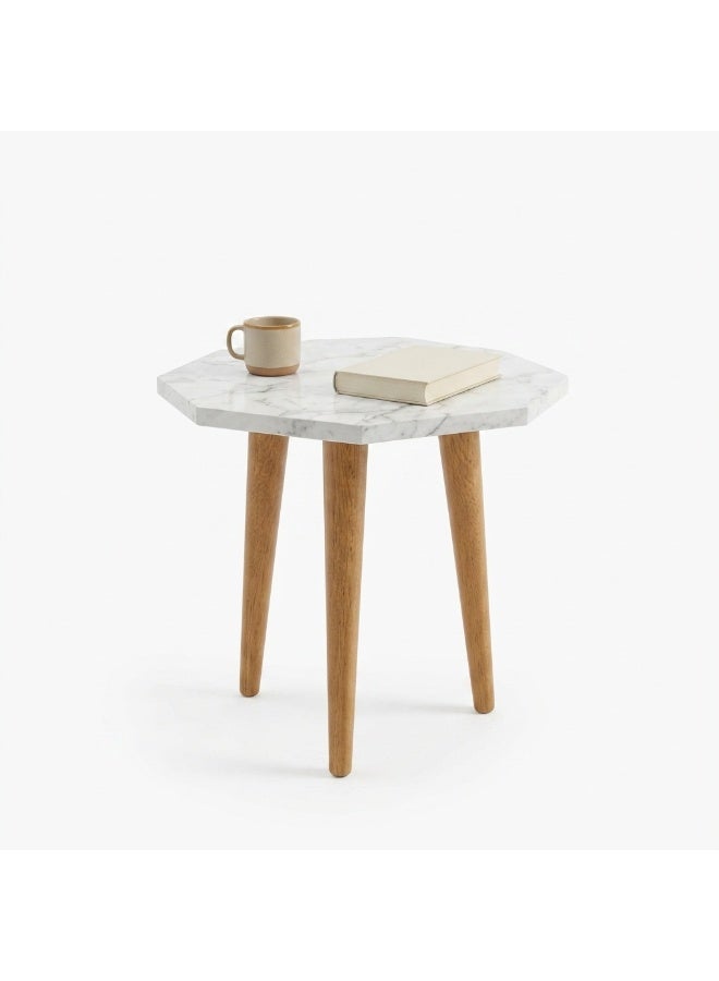 Modern Octagonal White Marble Side Table with Natural Solid Wood Legs, 39x39x43 cm - Image 1