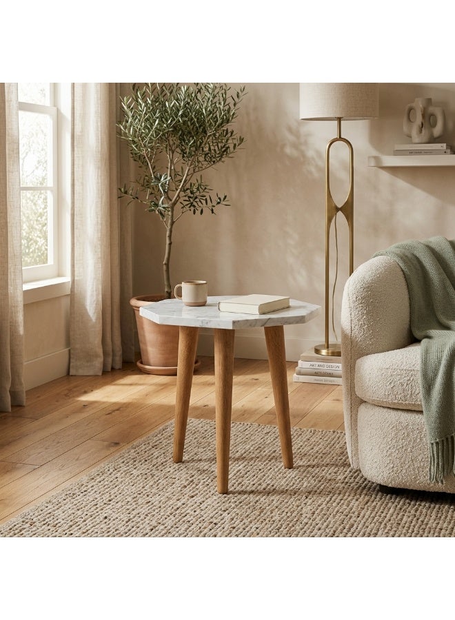 Modern Octagonal White Marble Side Table with Natural Solid Wood Legs, 39x39x43 cm - Image 3
