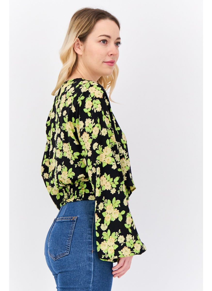 MANGO Women Surplice Neckline Long Sleeves Floral Print Blouse, Black  - Image 2