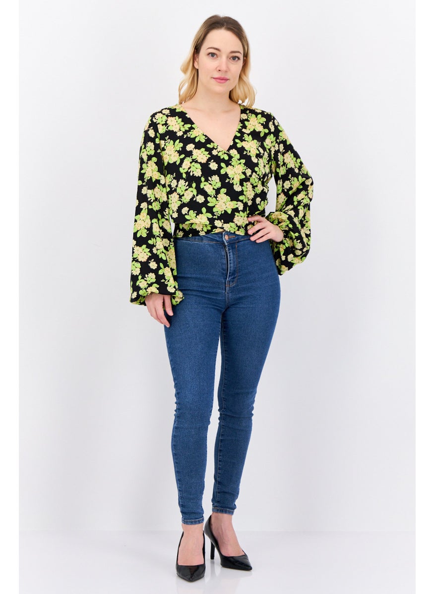 MANGO Women Surplice Neckline Long Sleeves Floral Print Blouse, Black  - Image 4