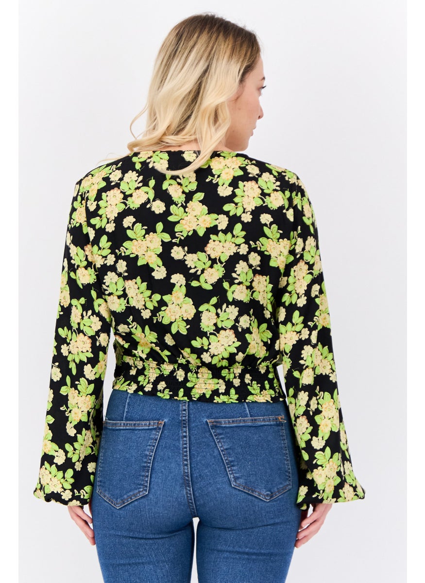 MANGO Women Surplice Neckline Long Sleeves Floral Print Blouse, Black  - Image 3