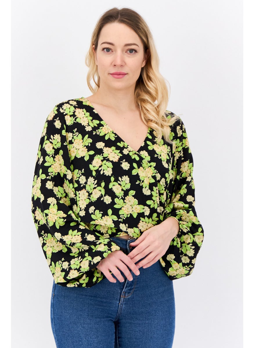 MANGO Women Surplice Neckline Long Sleeves Floral Print Blouse, Black  - Image 1