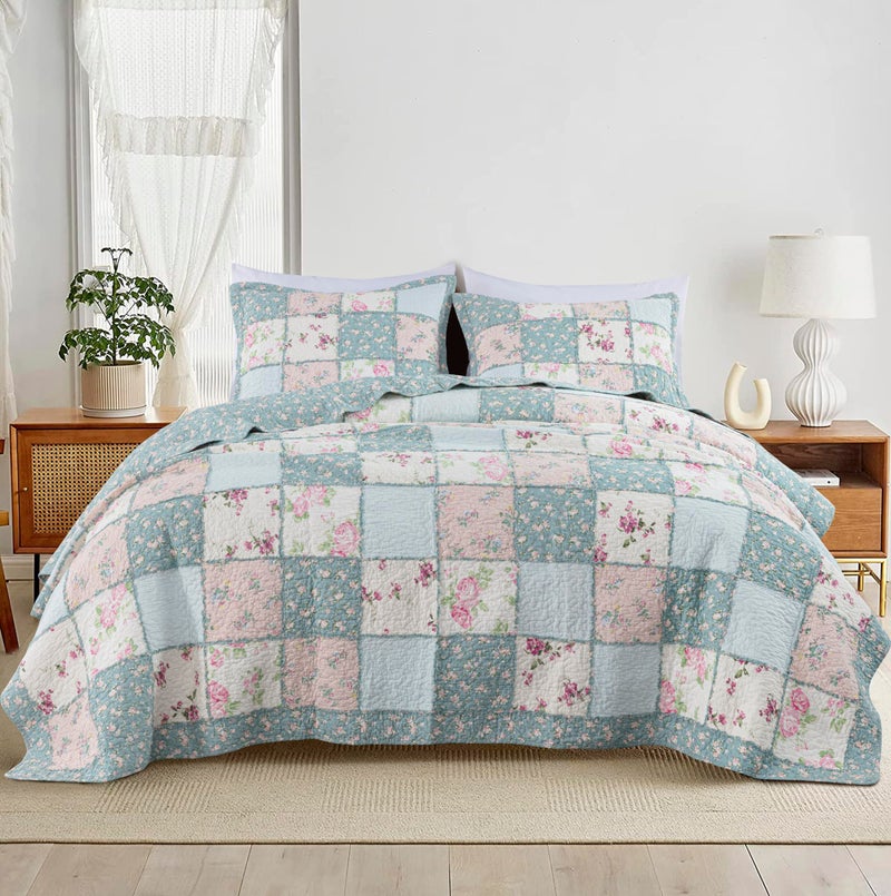 Chezmoi Collection Abbi 3-Piece Shabby Chic Bedding Queen Quilt Set Pre-Washed Cotton Floral Coverlet Bedspread Ruffled Patchwork Quilt Queen Size - Image 2