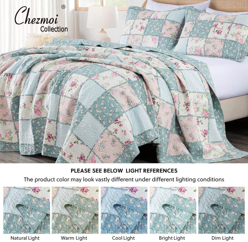 Chezmoi Collection Abbi 3-Piece Shabby Chic Bedding Queen Quilt Set Pre-Washed Cotton Floral Coverlet Bedspread Ruffled Patchwork Quilt Queen Size - Image 5