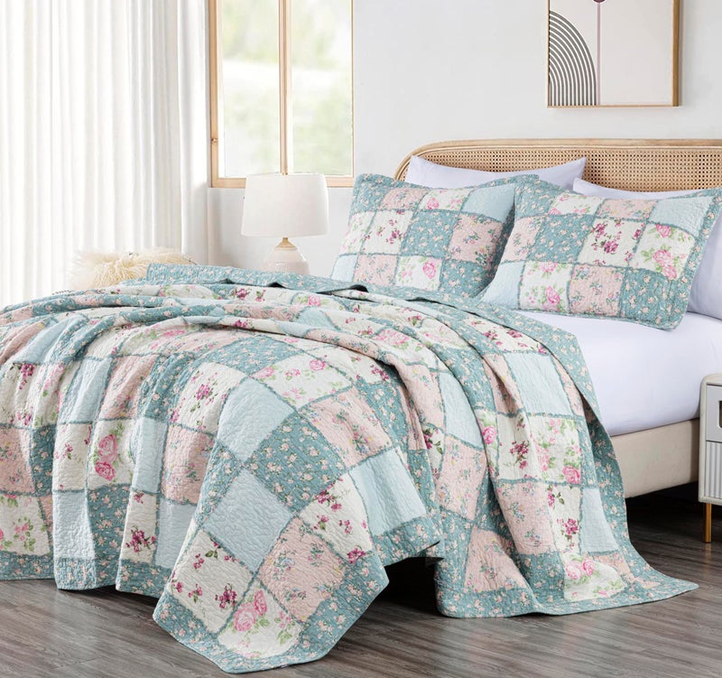 Chezmoi Collection Abbi 3-Piece Shabby Chic Bedding Queen Quilt Set Pre-Washed Cotton Floral Coverlet Bedspread Ruffled Patchwork Quilt Queen Size - Image 1