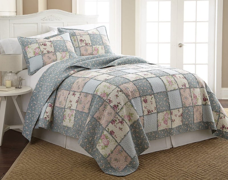 Chezmoi Collection Abbi 3-Piece Shabby Chic Bedding Queen Quilt Set Pre-Washed Cotton Floral Coverlet Bedspread Ruffled Patchwork Quilt Queen Size - Image 3