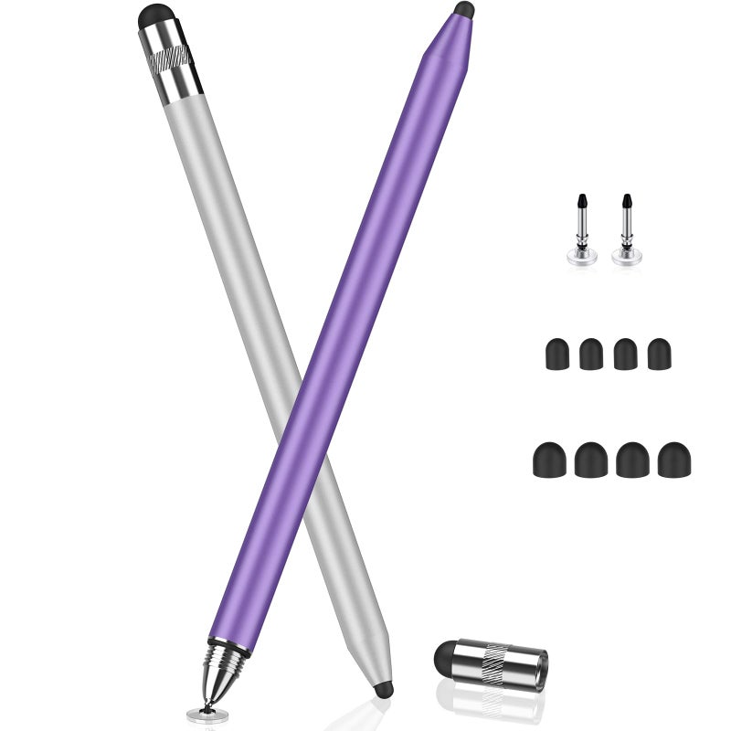 MEKO 3 in 1 Stylus Pens for Touch Screens, High Sensitivity & Precision Capacitive Stylus Pencil for Apple iPad iPhone Tablets Samsung Galaxy All Universal Touchscreen Devices (2 Pack-Silver/Purple) - Image 1