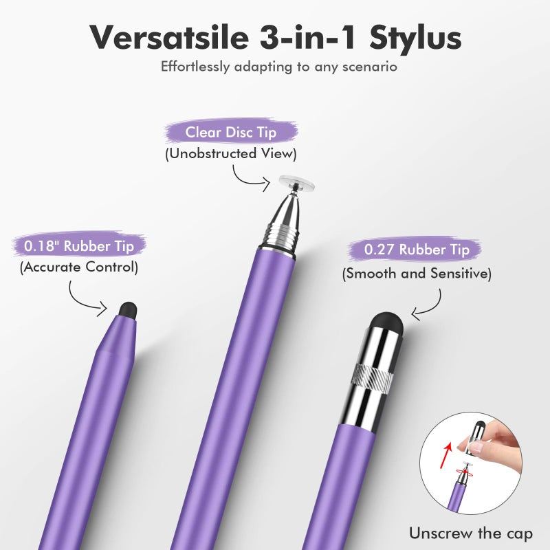 MEKO 3 in 1 Stylus Pens for Touch Screens, High Sensitivity & Precision Capacitive Stylus Pencil for Apple iPad iPhone Tablets Samsung Galaxy All Universal Touchscreen Devices (2 Pack-Silver/Purple) - Image 2