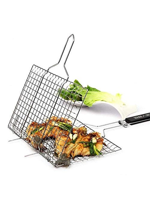Vruta Vruta Best Stainless Steel Rectangular Grilling BasketBarbecue BBQ Grill Net Basket for Fish Long Wooden HandleVegetables Small Foods  - Image 1