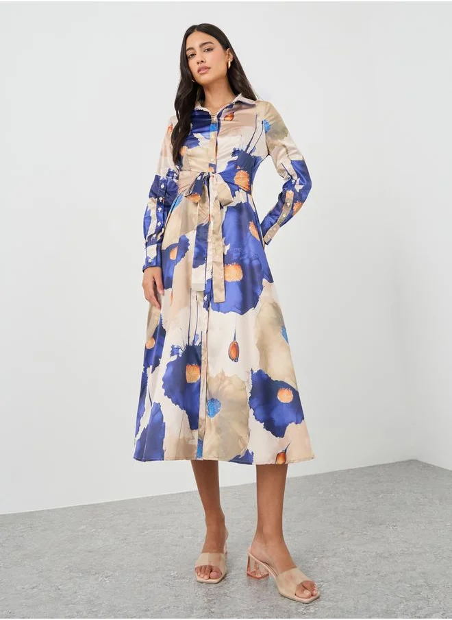 ستايلي Styli Printed Long Sleeve Shirt Midi Dress