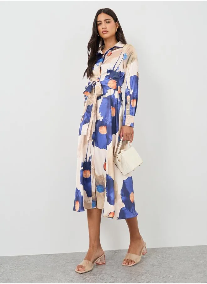 ستايلي Styli Printed Long Sleeve Shirt Midi Dress