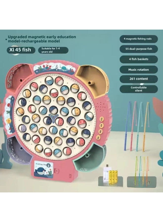 Children's Multifunctional Electric Rotating Magnetic Fishing Plate Toy 2-3 Years Old Baby Two Years Old Early Education Puzzle-Color:Powder [Magnetic Charging 1-4 Years Old] 55 Double Fish +8 Rods + Music Early Education (Adjustable Mute)  - Image 1