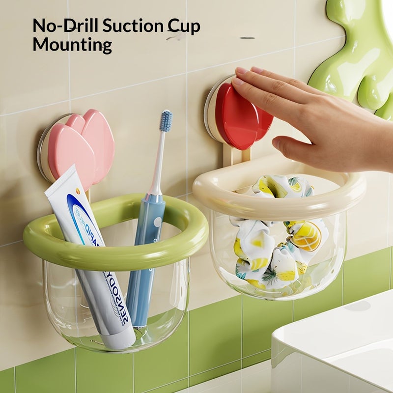 Beige Yellow Set Dopamine Tulip Design Storage Box Reusable Detachable No Drill Suction Cup Installation for Toothpaste Toothbrushes Electric Toothbrushes Cosmetics Makeup Brushes Facial Cleanser and Kitchen Gadget - Image 1