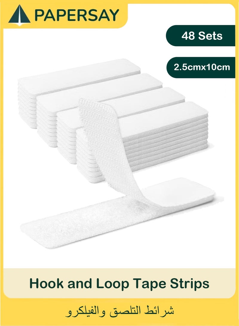 PAPERSAY 48 Sets Hook and Loop Strips with Adhesive - 2.5x10cm(1x4 inch), Double-Sided Adhesive Strip Strong Back Adhesive Hook & Loop Tape Fastener for Home or Office Use - Instead of Holes and Screws - Image 1