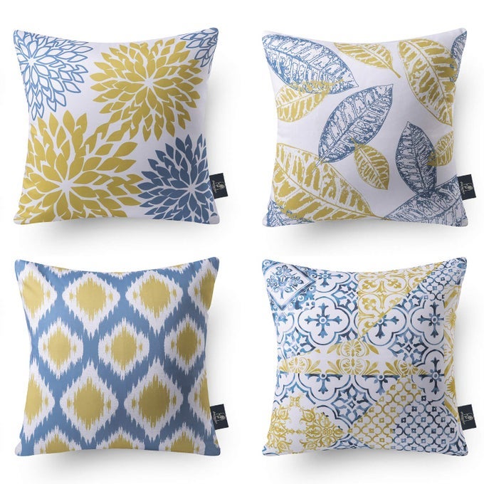 SET OF 4 NEW LIVING SERIES LEAF GEOMETRIC YELLOW AND BLUE THROW DECORATIVE PILLOW COVER CUSHION COVER 18 X 18 INCHES 45 X 45 CM