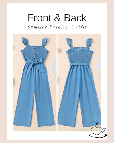 SODLON Clothes for Girl 10-12 Girls Jumpsuit Kids Fashion Preppy Ruffle Sleeveless Wide Leg Belted One-Piece Romper Smocked Summer Outfits with Pockets Denim Blue - Image 3