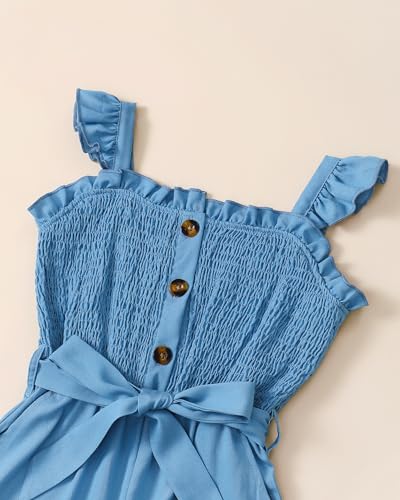 SODLON Clothes for Girl 10-12 Girls Jumpsuit Kids Fashion Preppy Ruffle Sleeveless Wide Leg Belted One-Piece Romper Smocked Summer Outfits with Pockets Denim Blue - Image 4