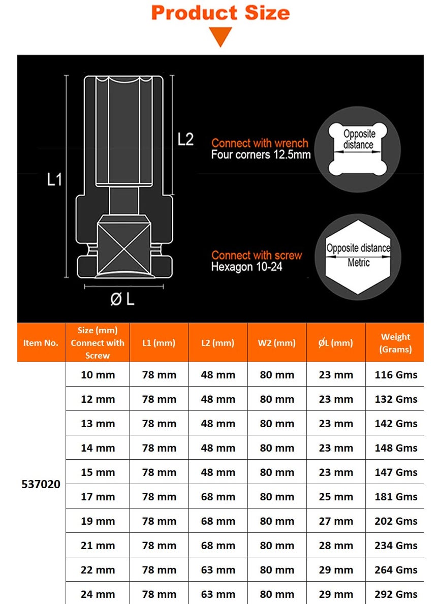 Harden Harden 10Pcs 12 Deep Impact Socket Set 10121314151719212224mm Hexagonal Socket Design CrMo Material Corrosion Protection 537020  - Image 3